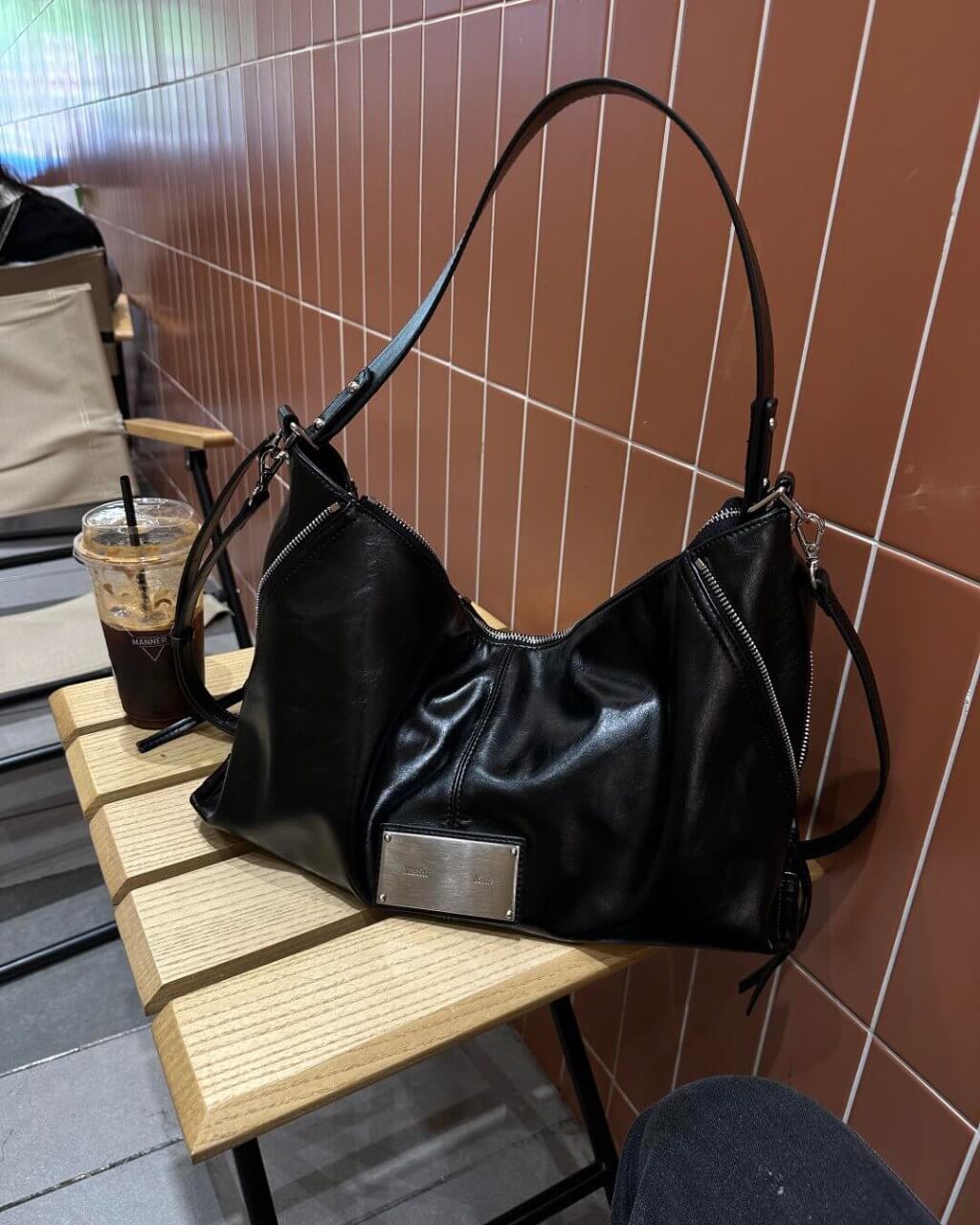 MATIN KIM Side Zipper Shoulder Bag - Black 机车包大号 （Ship End of July)