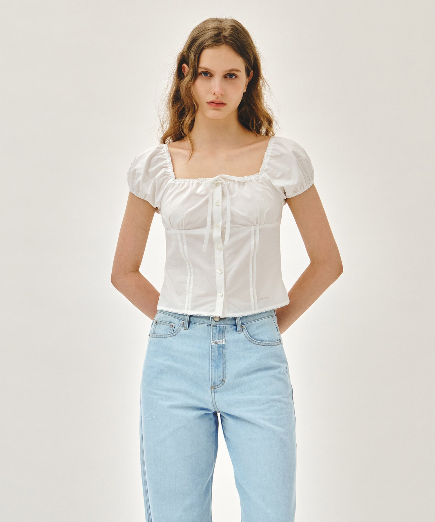 Marithe 067 W CAP SLEEVE RIBBON BLOUSE