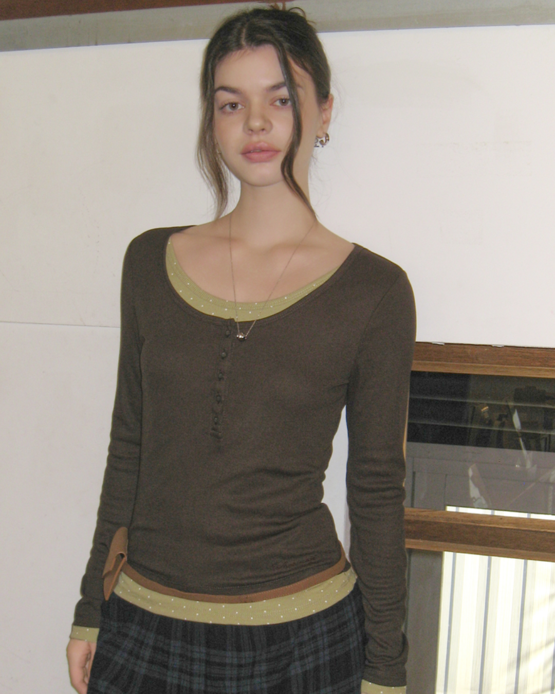 WHOAU 020 Layered Henryneck Long Sleeve T-shirt