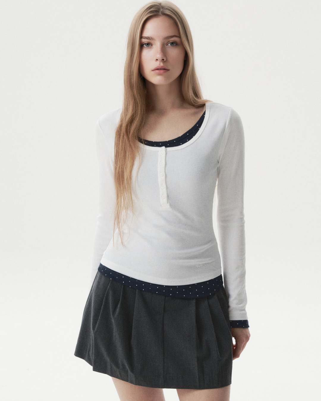 WHOAU 020 Layered Henryneck Long Sleeve T-shirt