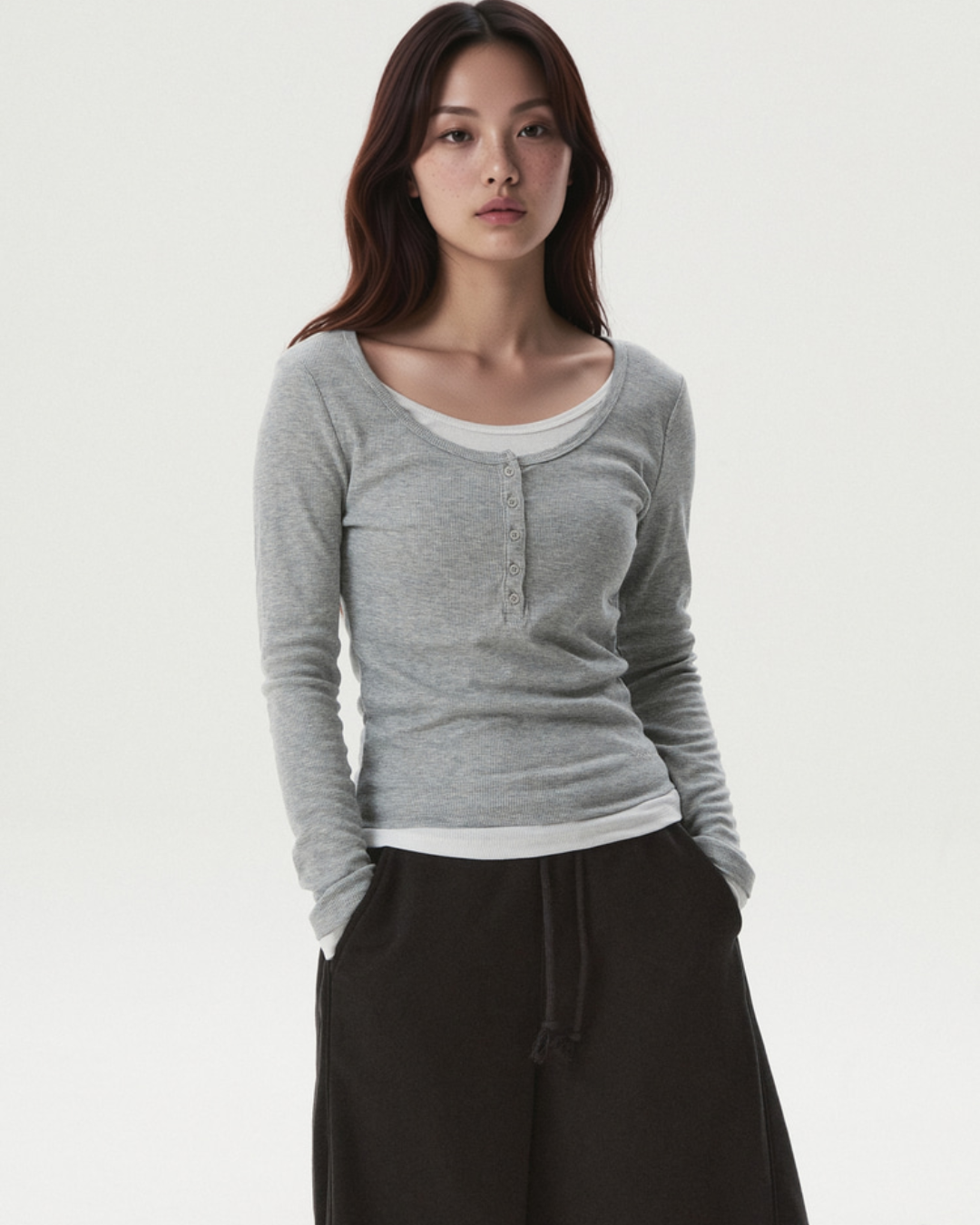 WHOAU 020 Layered Henryneck Long Sleeve T-shirt