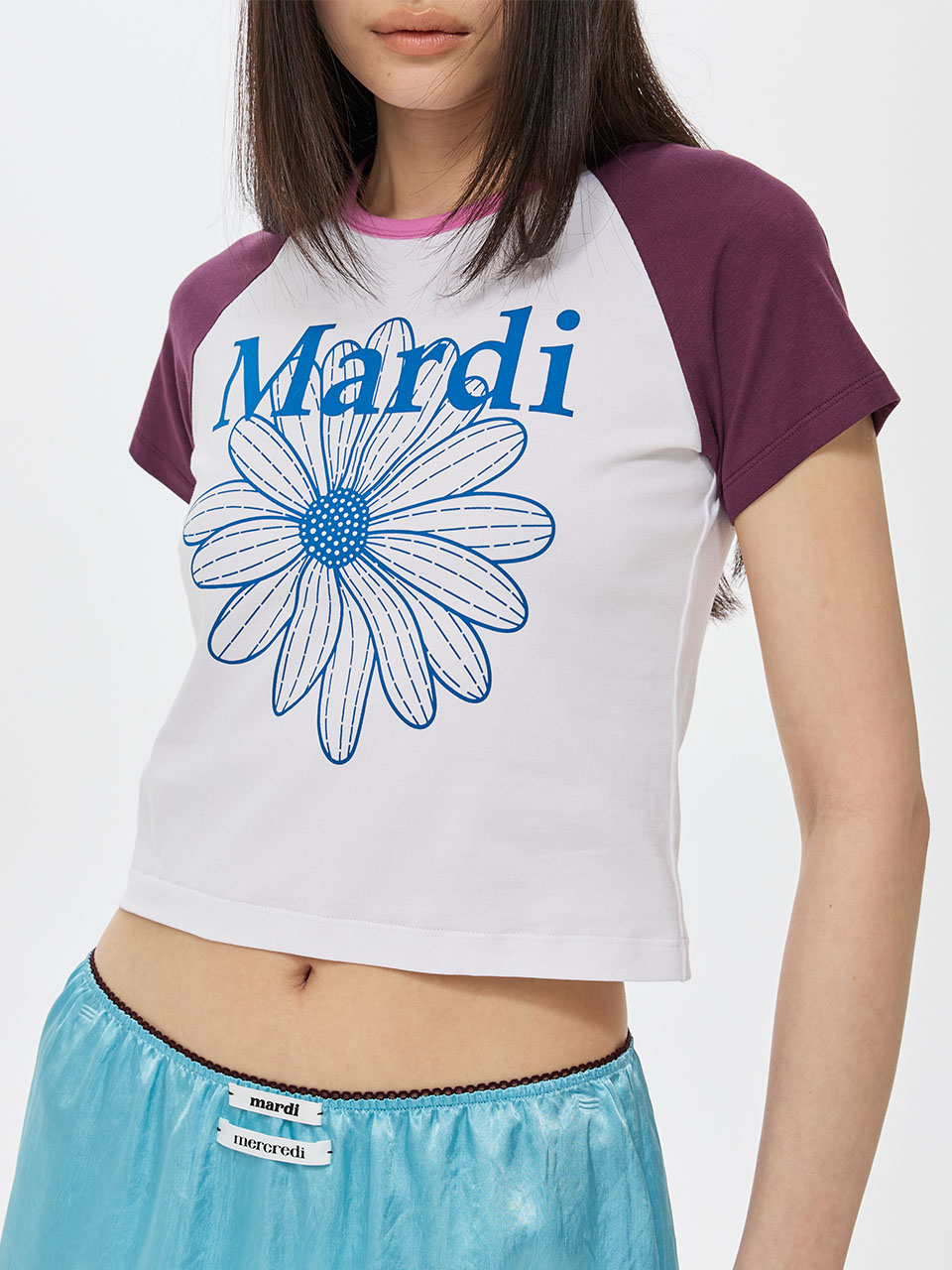 MARDI 110 CROPPED TSHIRT RAGLAN FLOWERMARDI_WHITE BLUE
