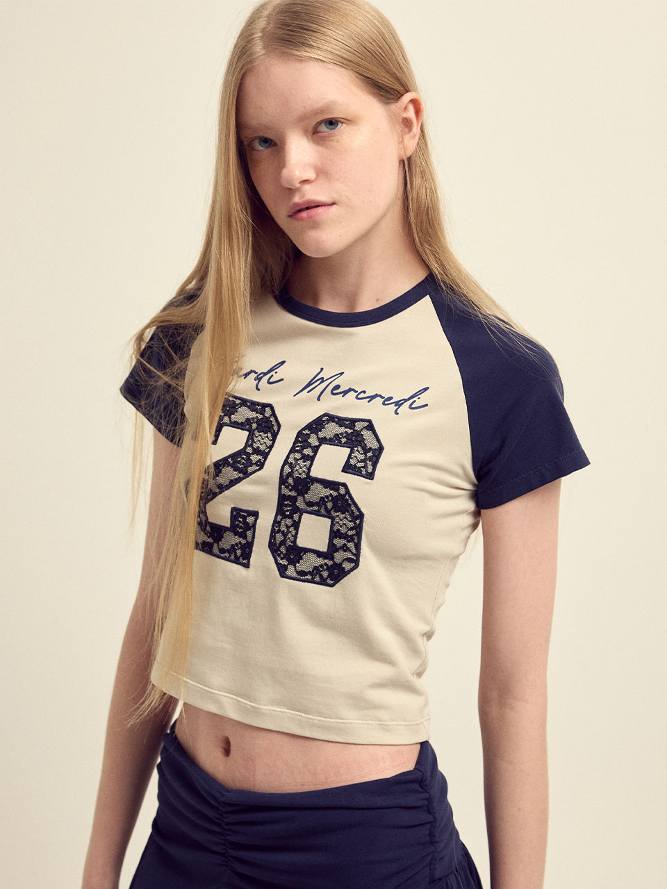 MARDI 105 CROPPED TSHIRT RAGLAN NO.26 LACE_BEIGE NAVY