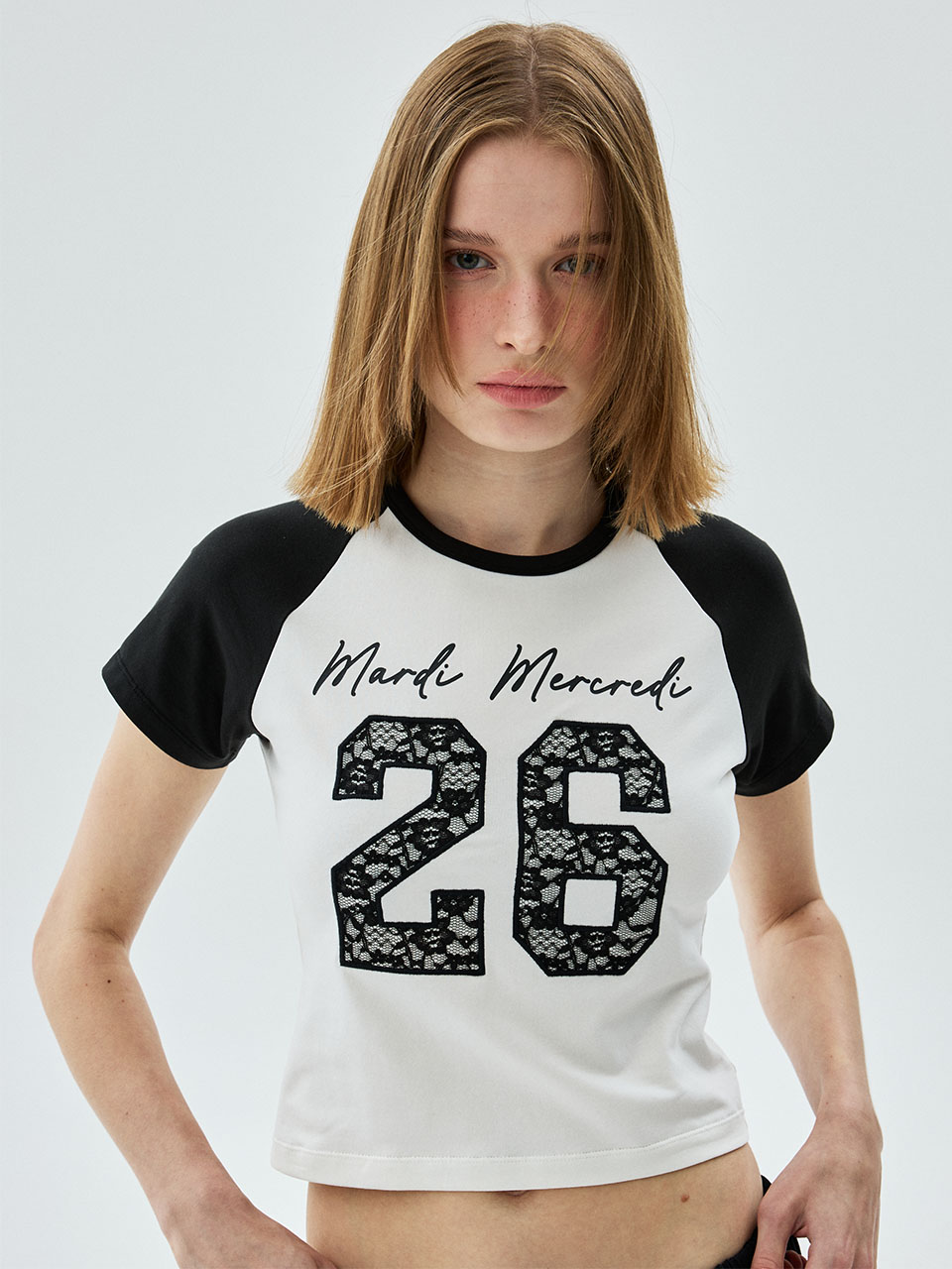 MARDI 105 CROPPED TSHIRT RAGLAN NO.26 LACE_IVORY BLACK
