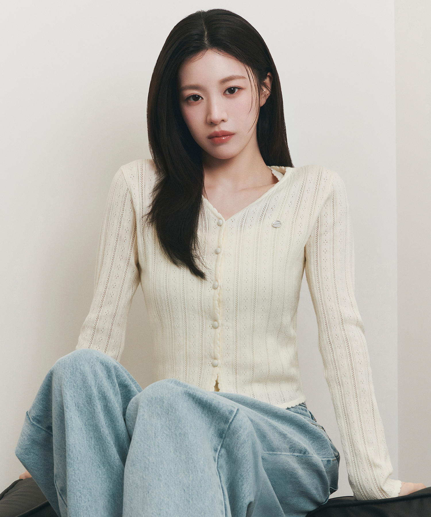 Marithe 069 W V-NECK CROCHET KNIT CARDIGAN